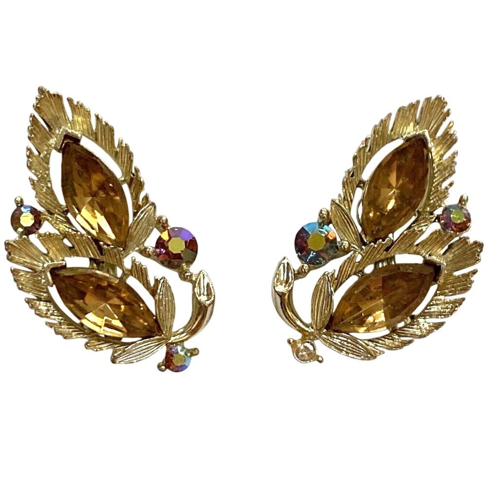 Vintage Lisner clip on earrings textured goldtone leaf shapes golden rhinestones